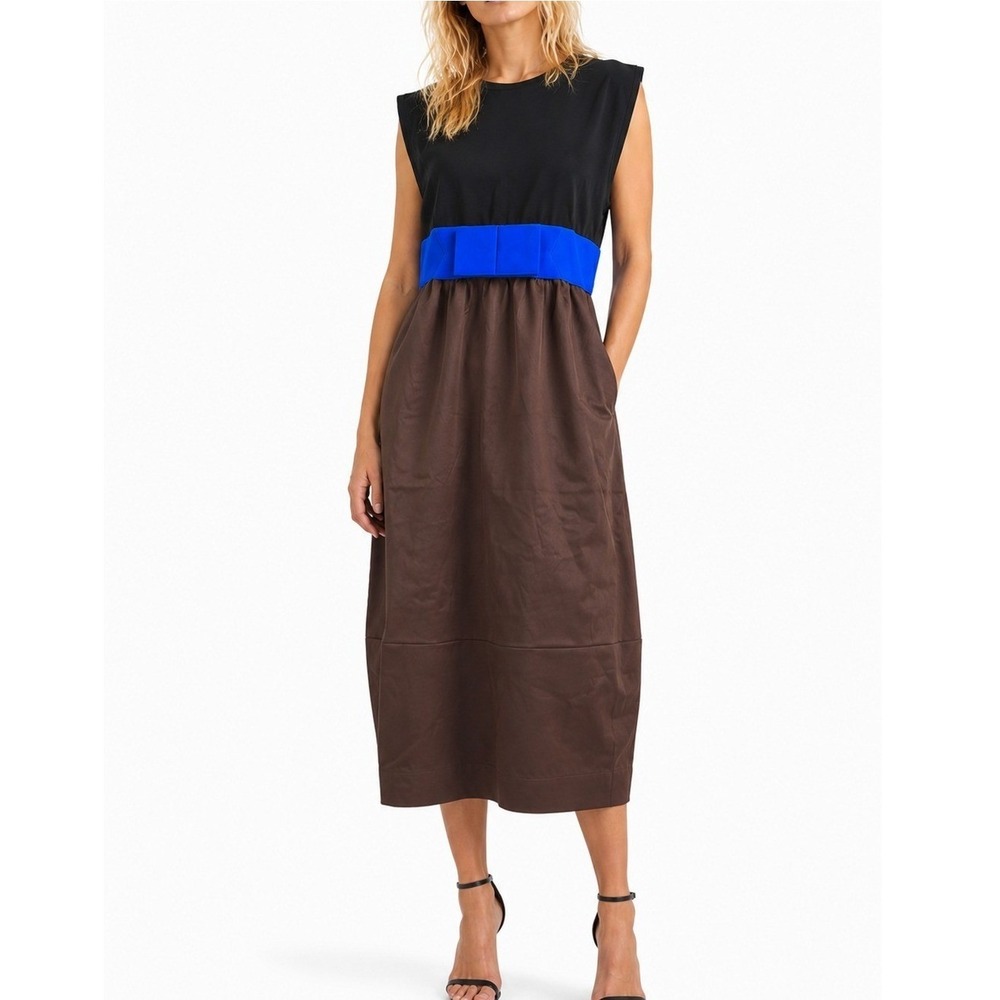 Emilio Pucci‎ Firenze Virgin Wool Silk Colorblock Bow Dress Black Brown Blue 10